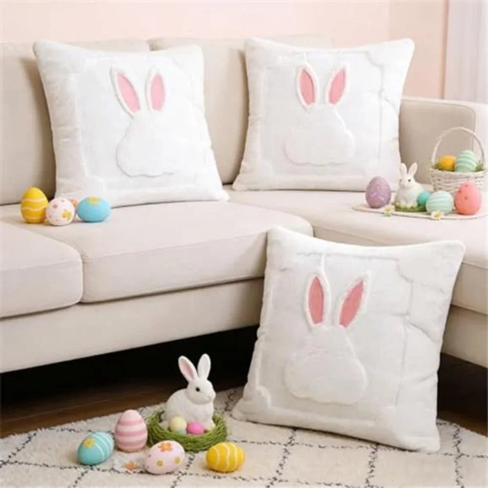 3 Pack Easter Pillow Covers 18x18 Inch White Bunny Pillow Case for Easter Day
